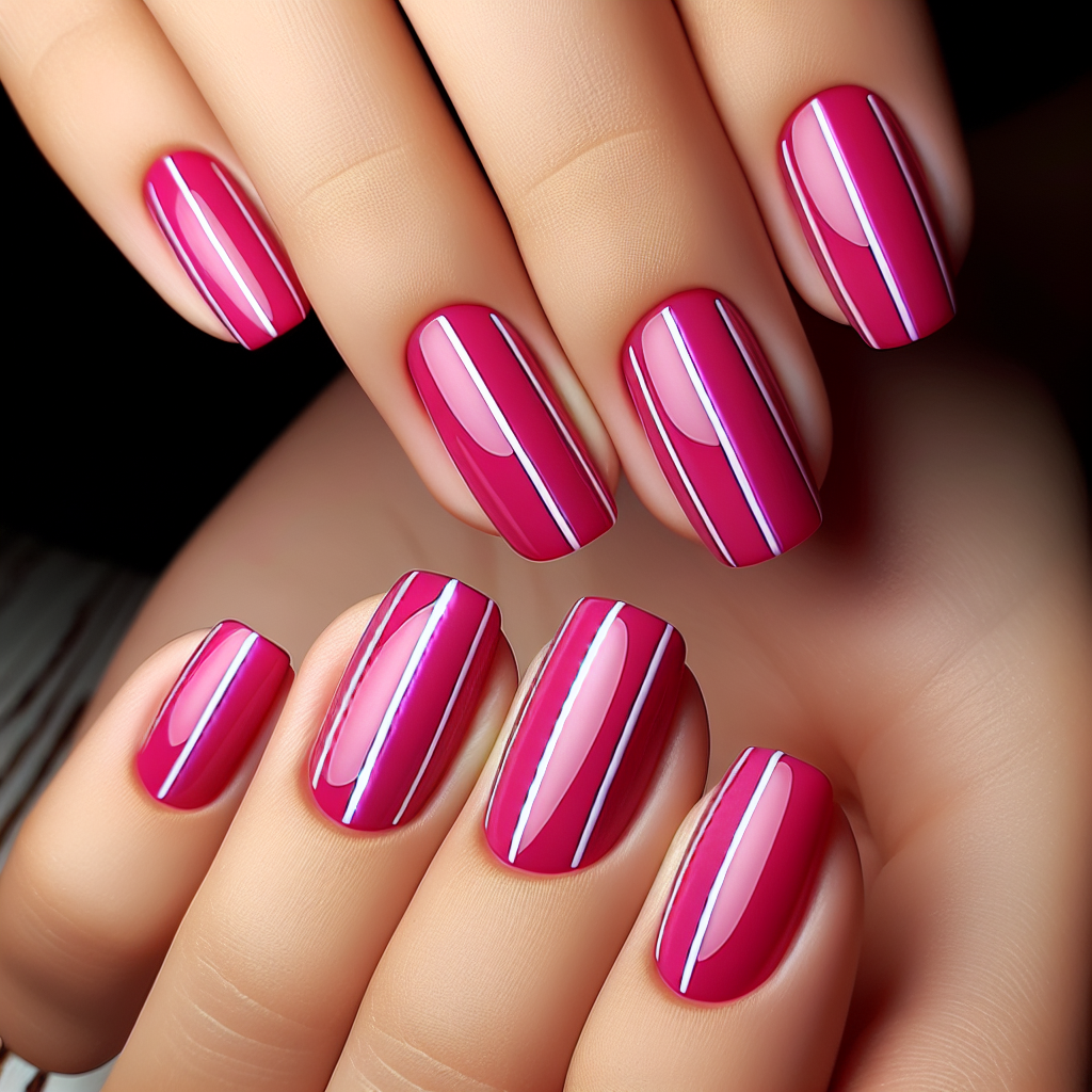 Fuchsia nails with diagonal white stripes