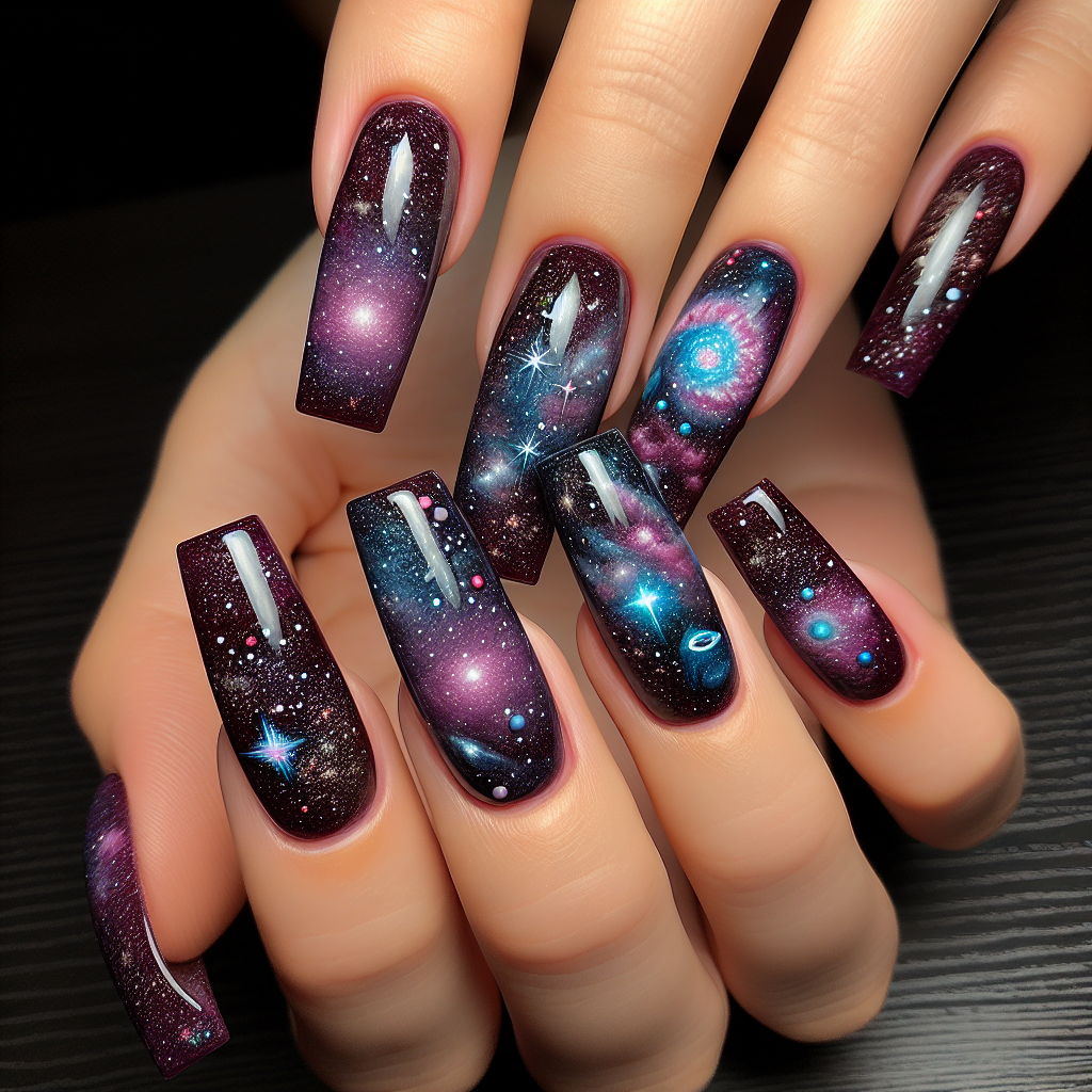 Galaxy-themed deep purple glitter nails