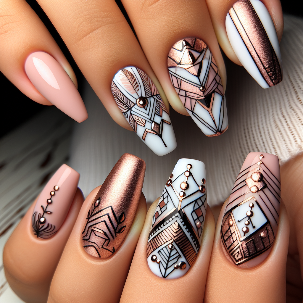 Light pink nails with geometric rose gold patterns