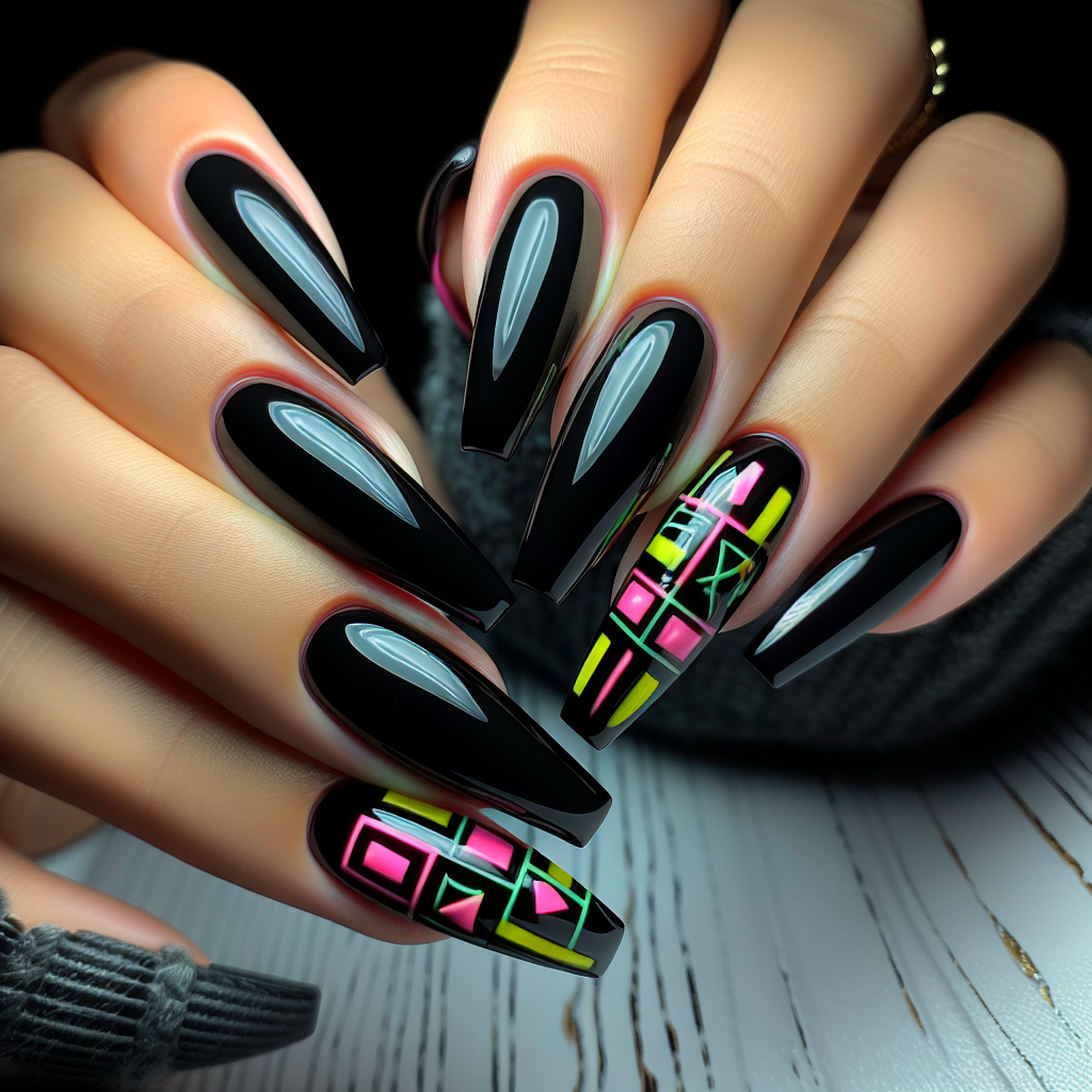 Glossy black coffin nails with neon geometric shapes