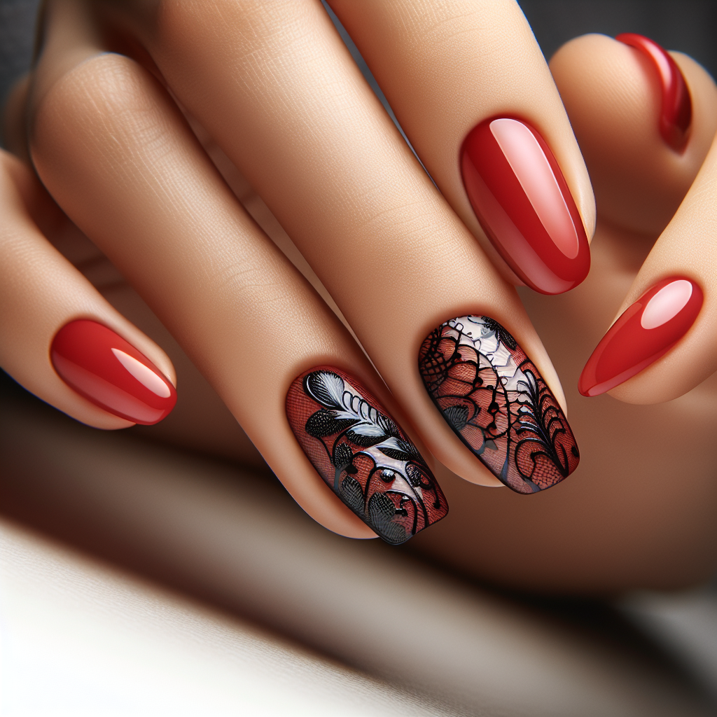 Glossy red nails with black lace designs