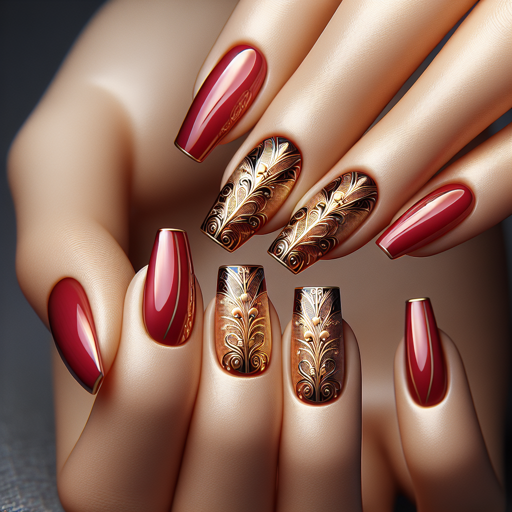 Glossy red nails with gold foil accent