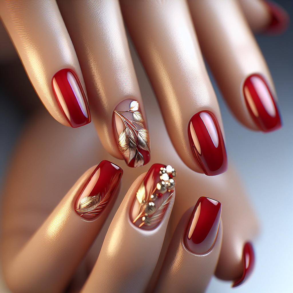 Glossy red nails with gold leaf accents