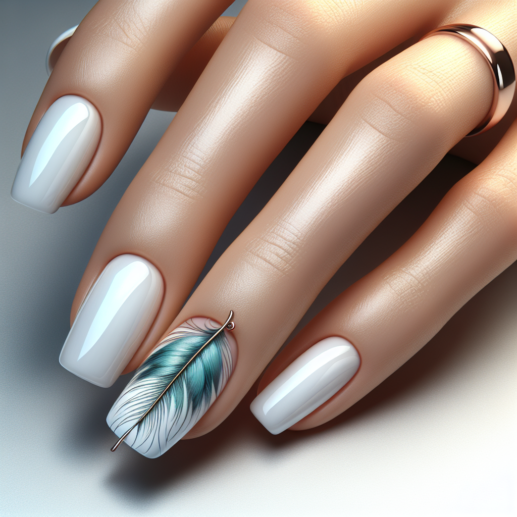 Glossy white nails with turquoise feather