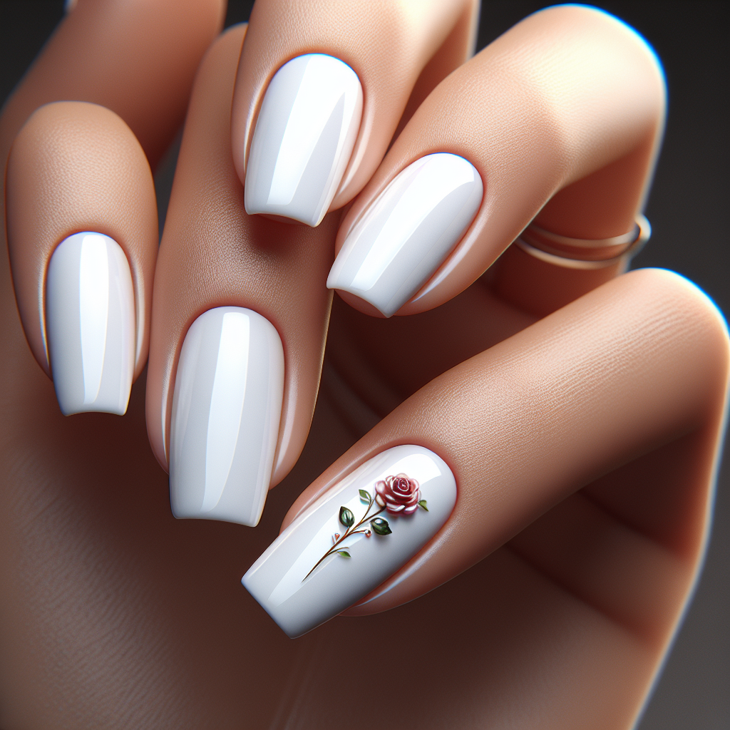 Glossy white nails with tiny rose decal