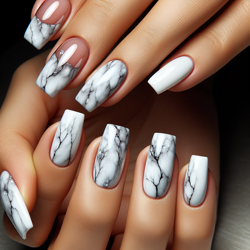 Glossy white nails with marble accent