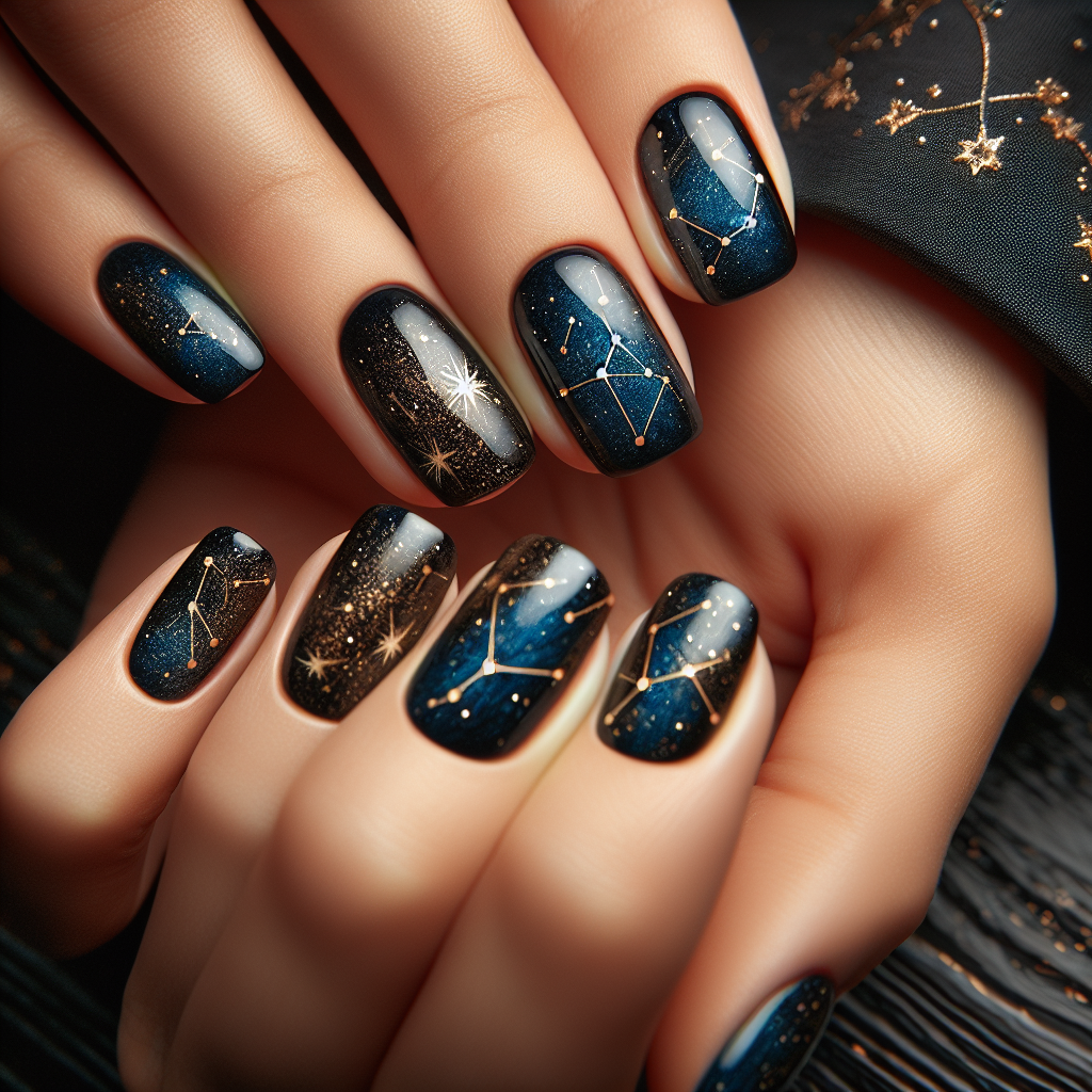 Navy blue nails with gold constellations.