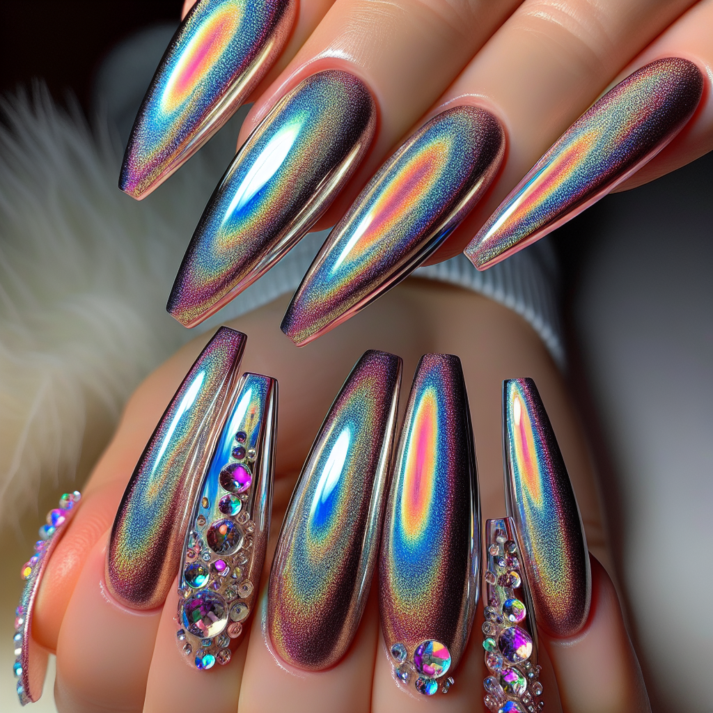 Holographic chrome nails with rhinestones