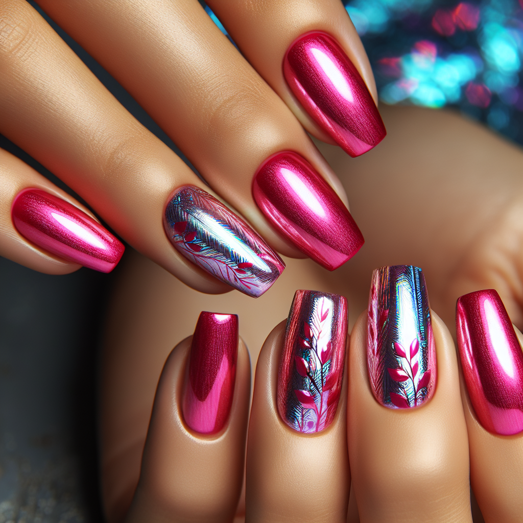 Hot pink nails with silver holographic foil.