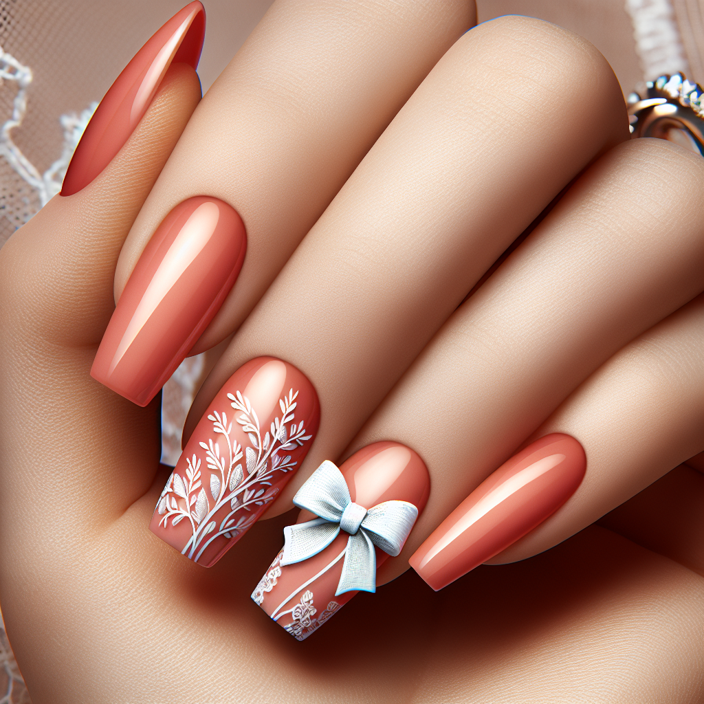 Light coral nails, white bow on ring finger.