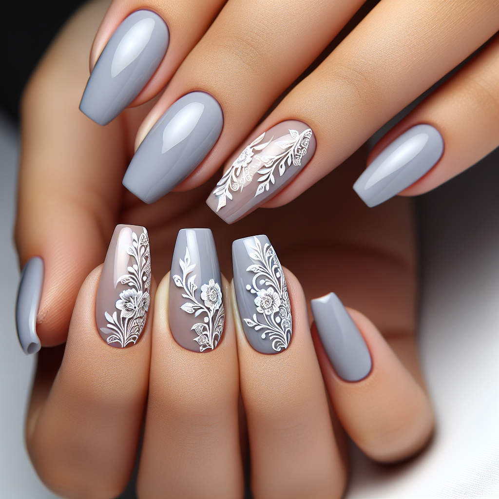 Light grey nails with white flowers.