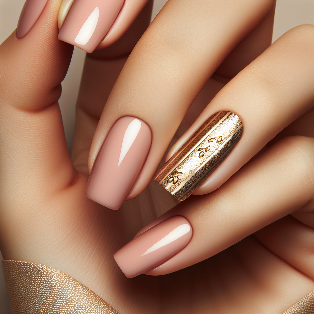 Light peach nails with gold stripe.