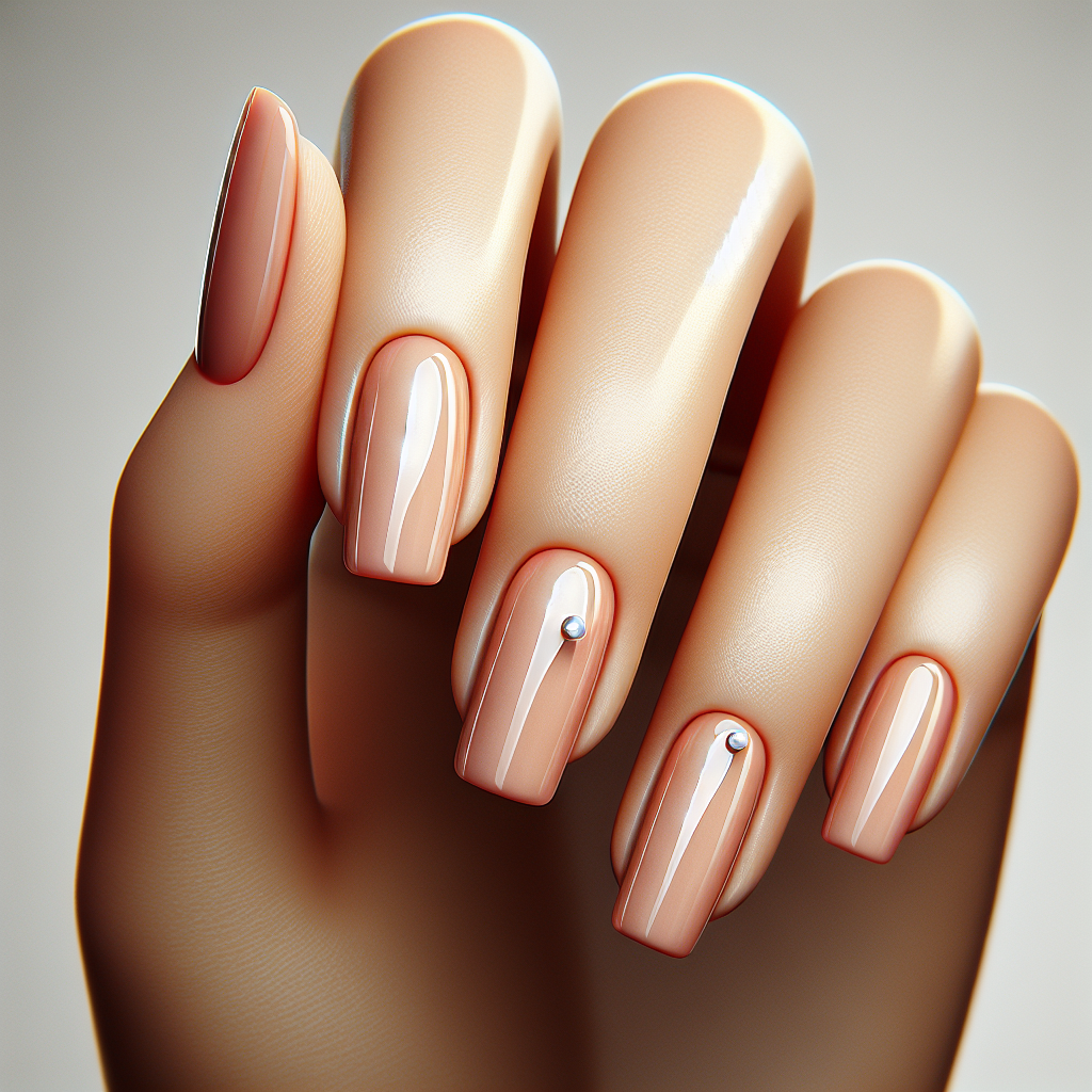 Light peach nails with white dot.