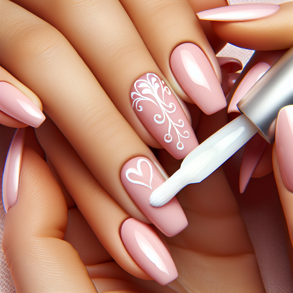 Pink nails with glossy top coat and white heart