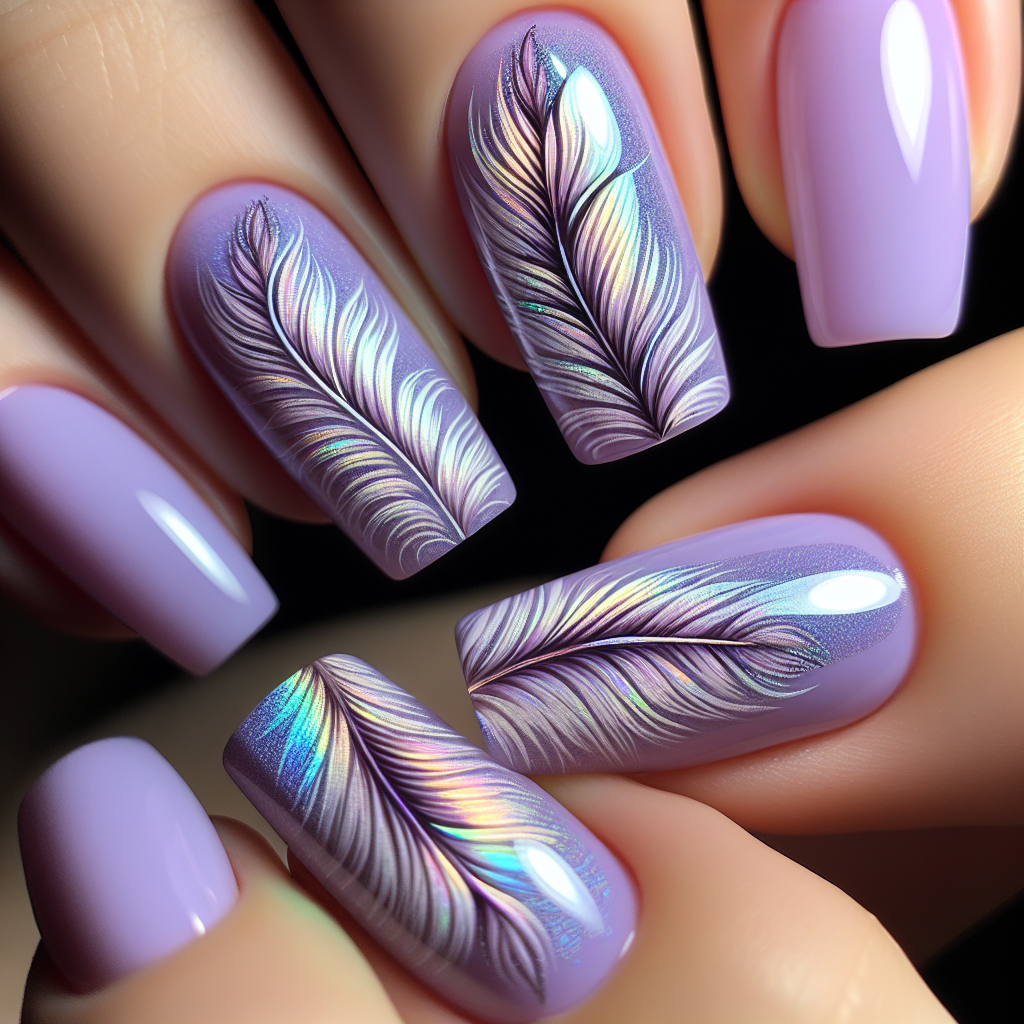 Lilac nails with holographic feather art