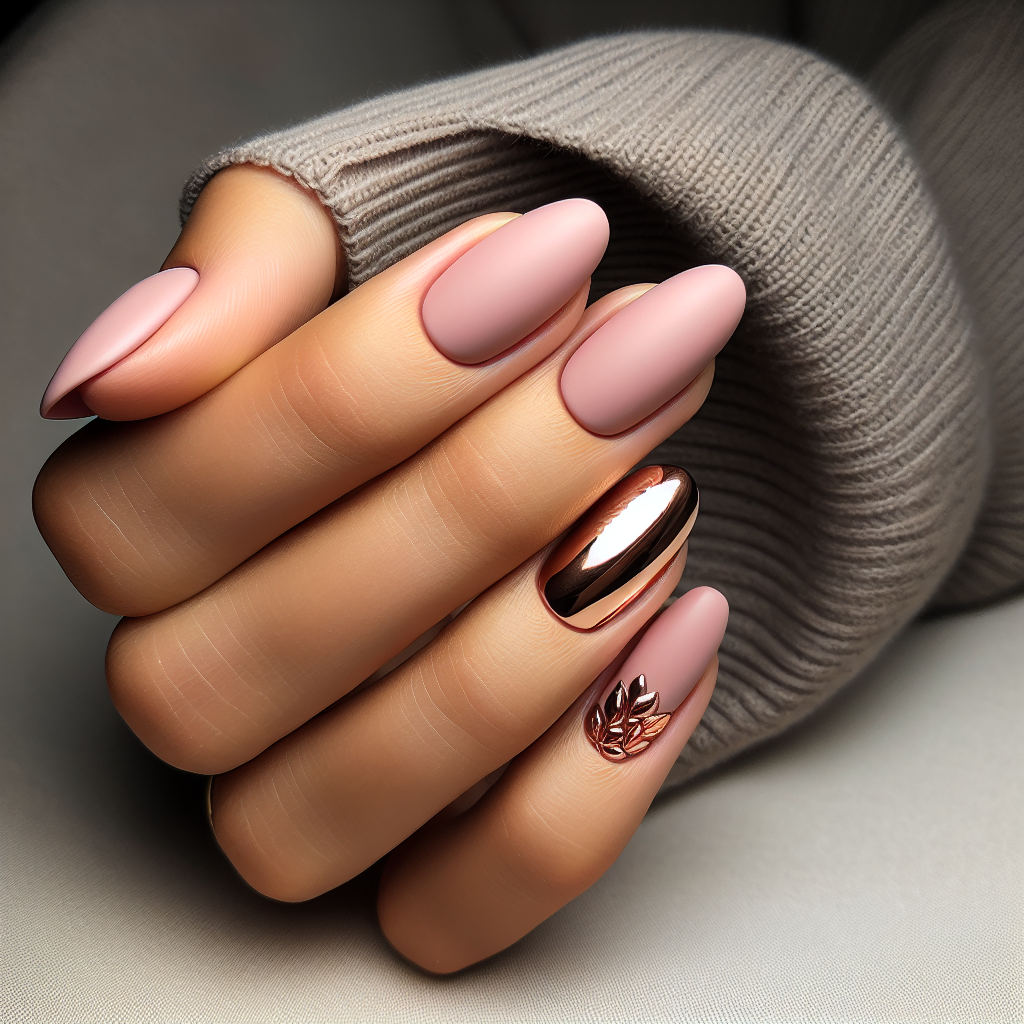 Matte pink nails with rose gold accents