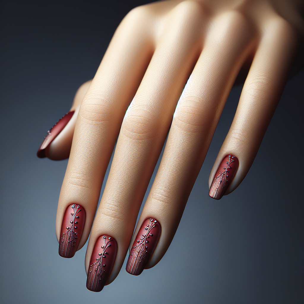 Matte cherry red nails with silver accents