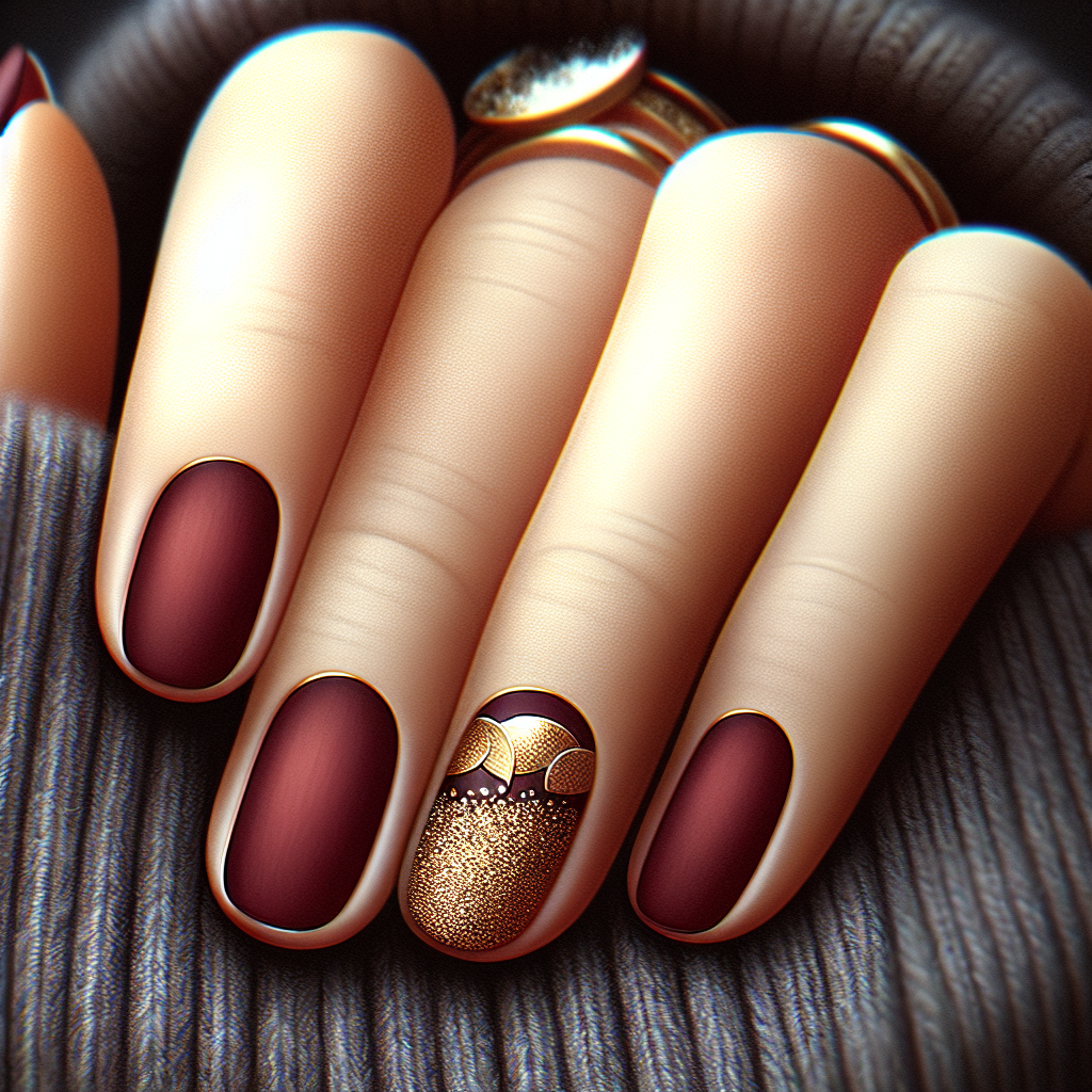 Matte dark red nails with gold cuticles