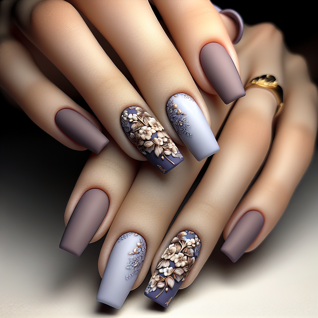 Matte lavender nails with floral accent.