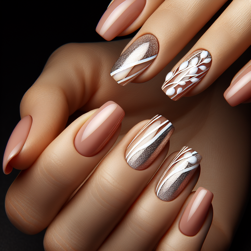 Matte nude nails with glossy white stripes