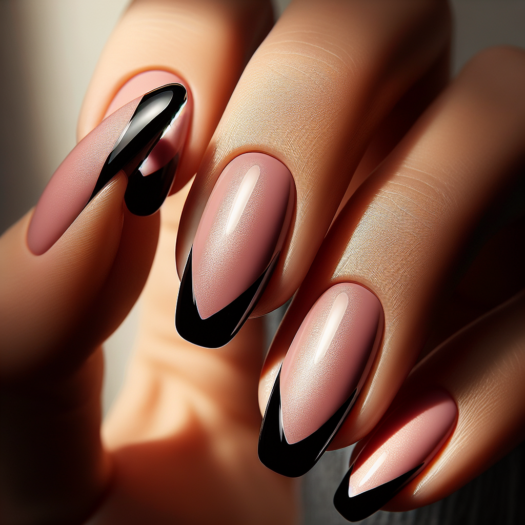 Matte pink nails with black French tips.