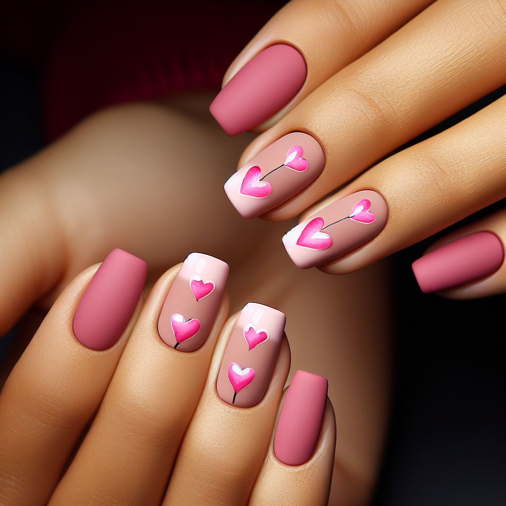 Matte pink nails with glossy heart accents.