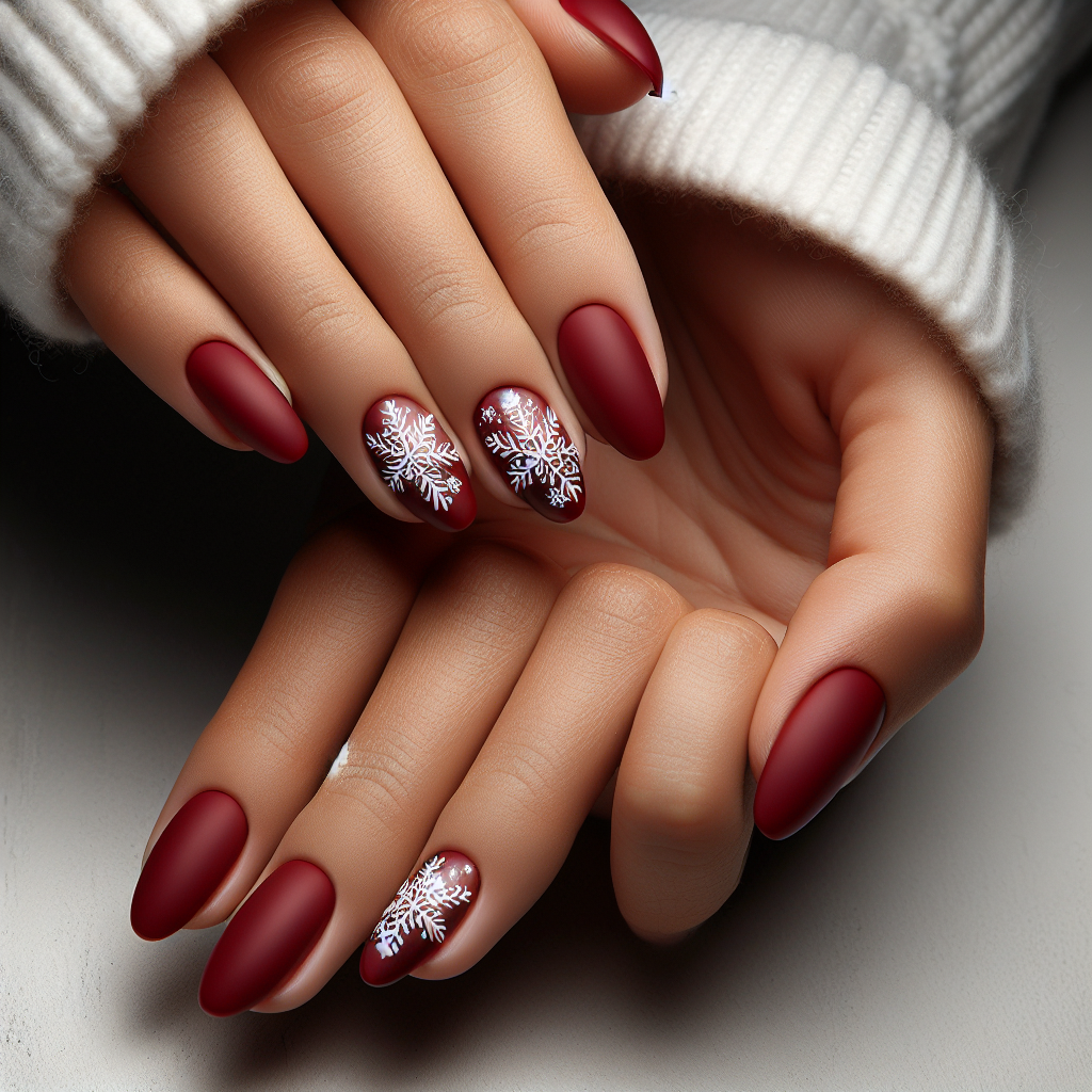 Matte red almond nails with snowflakes