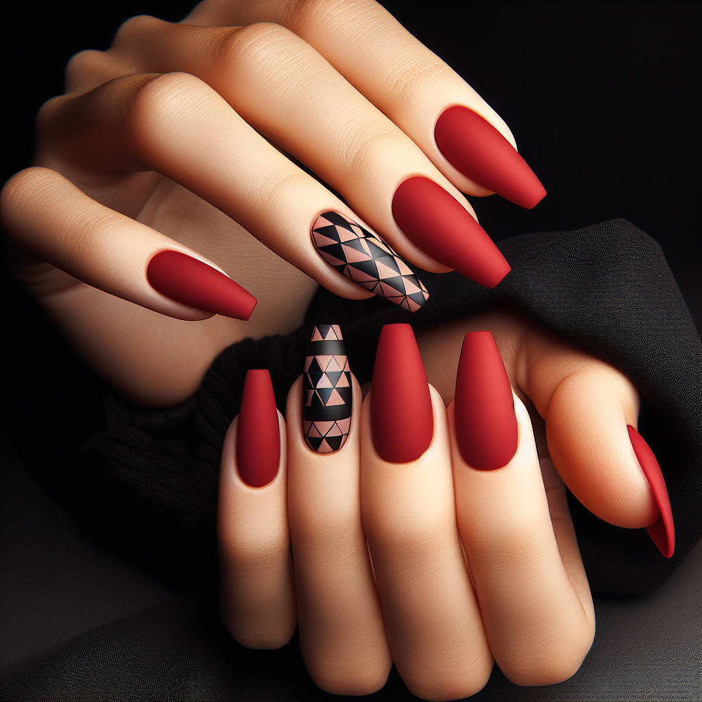 Matte red coffin nails with black triangles