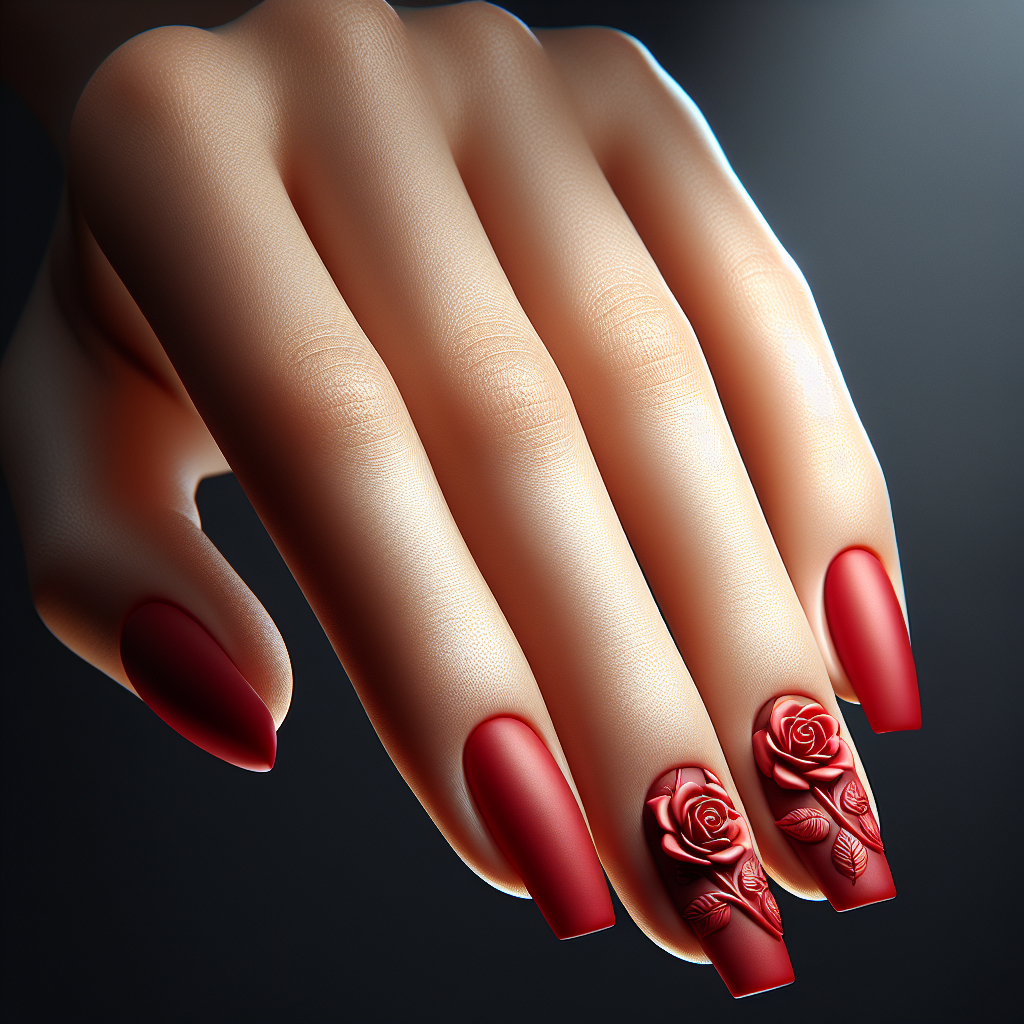 Matte red nails with glossy embossed roses.