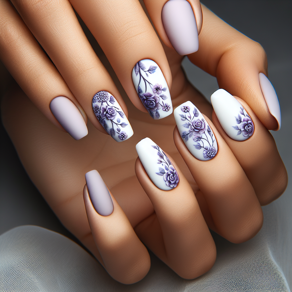 Matte white nails with lavender floral