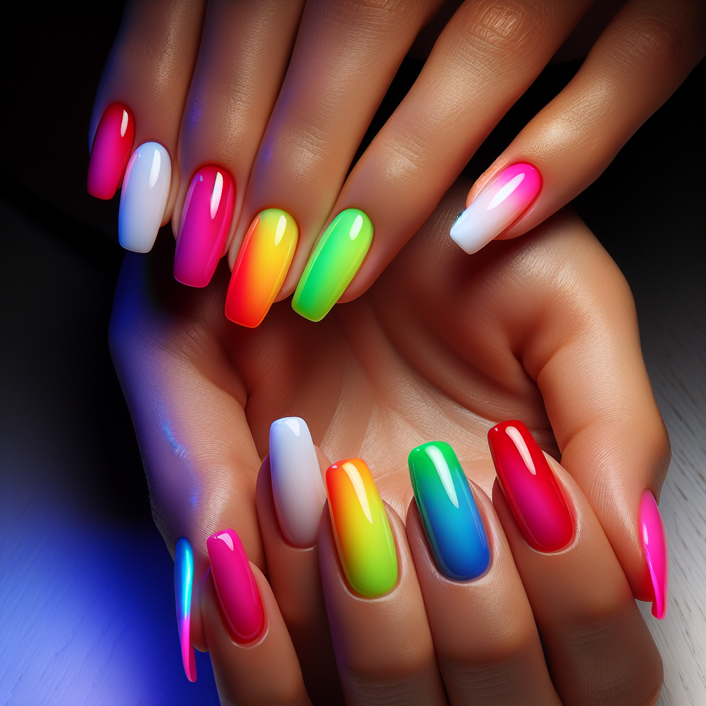 Neon rainbow French manicure tips