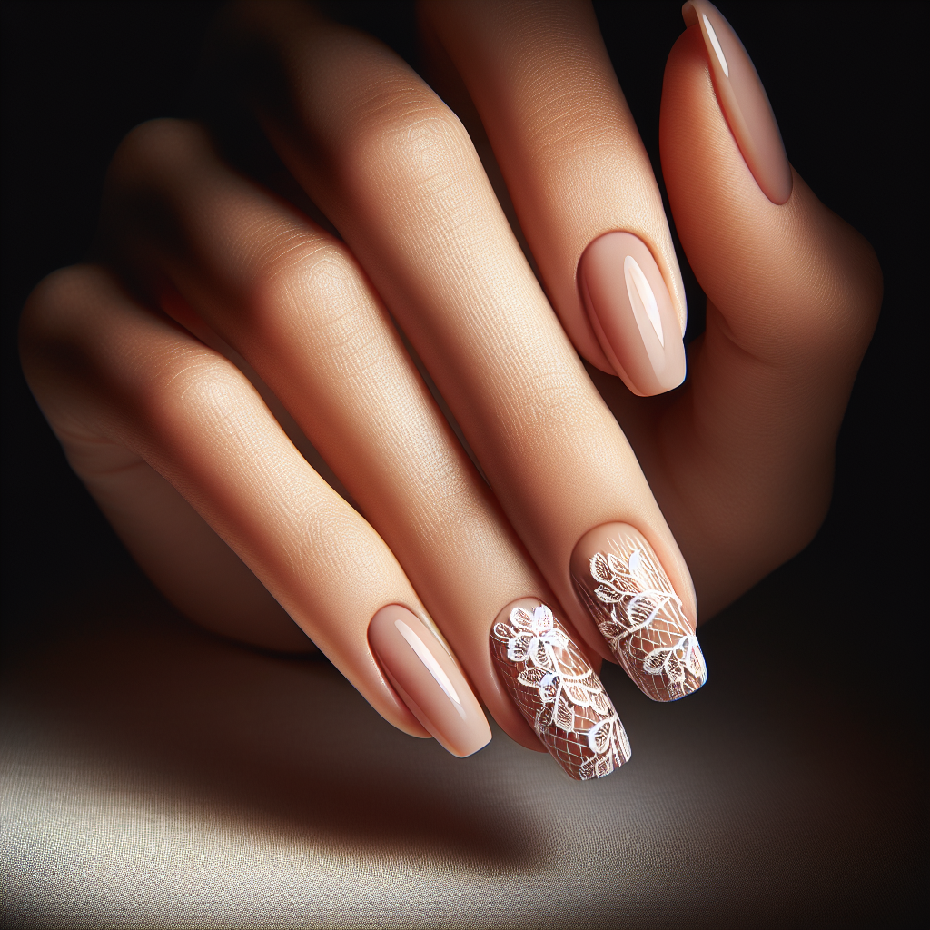 Nude nails with white lace pattern