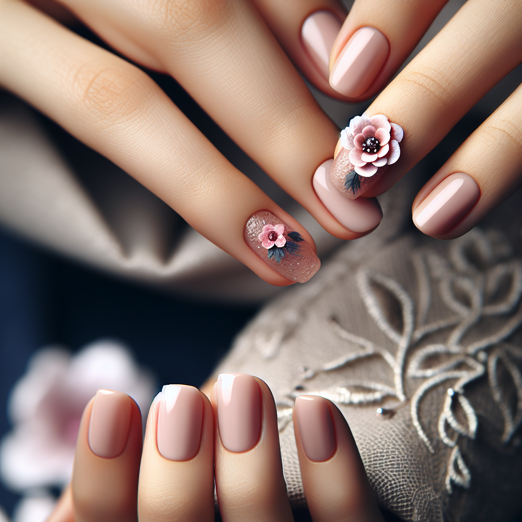 Nude nails with baby pink flowers