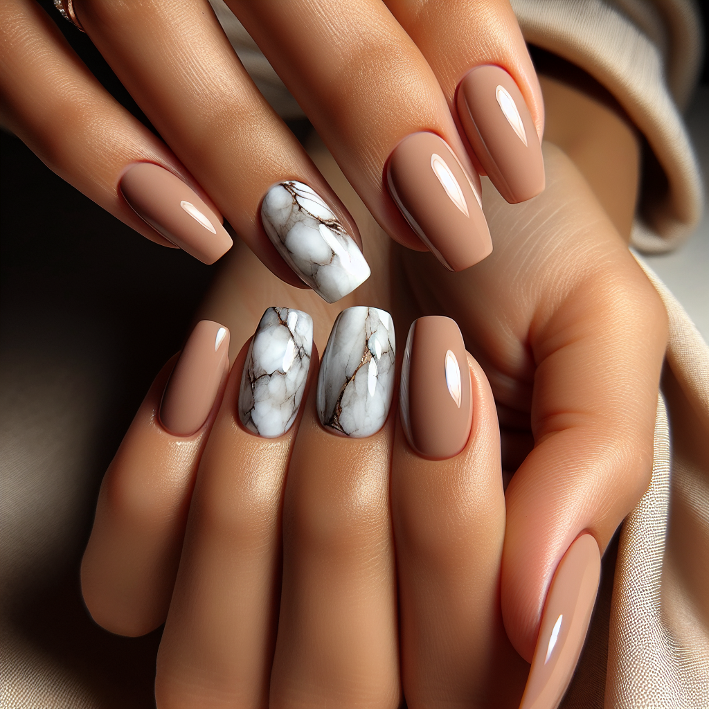 Nude nails with white marble accent