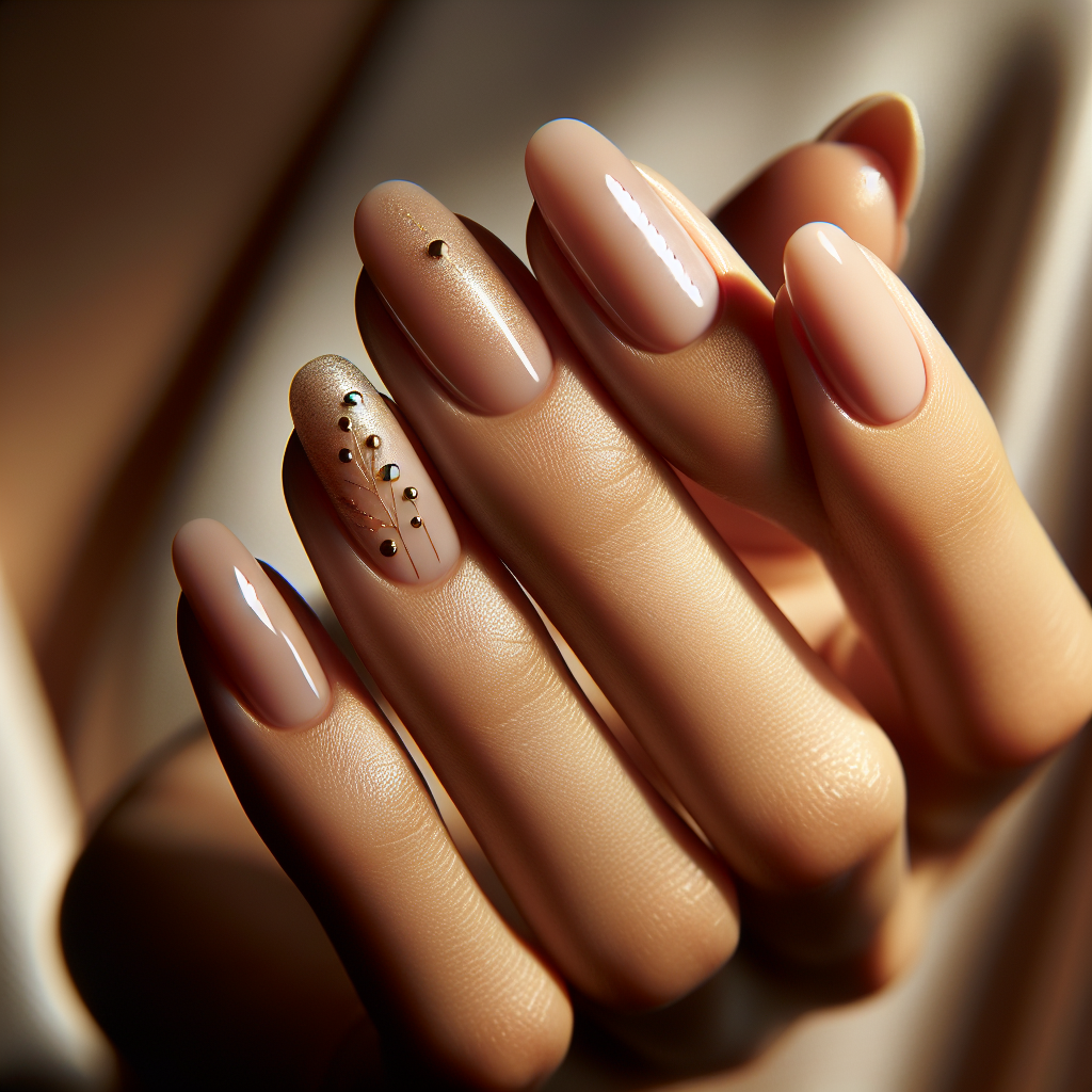 Nude nails with gold dot accents