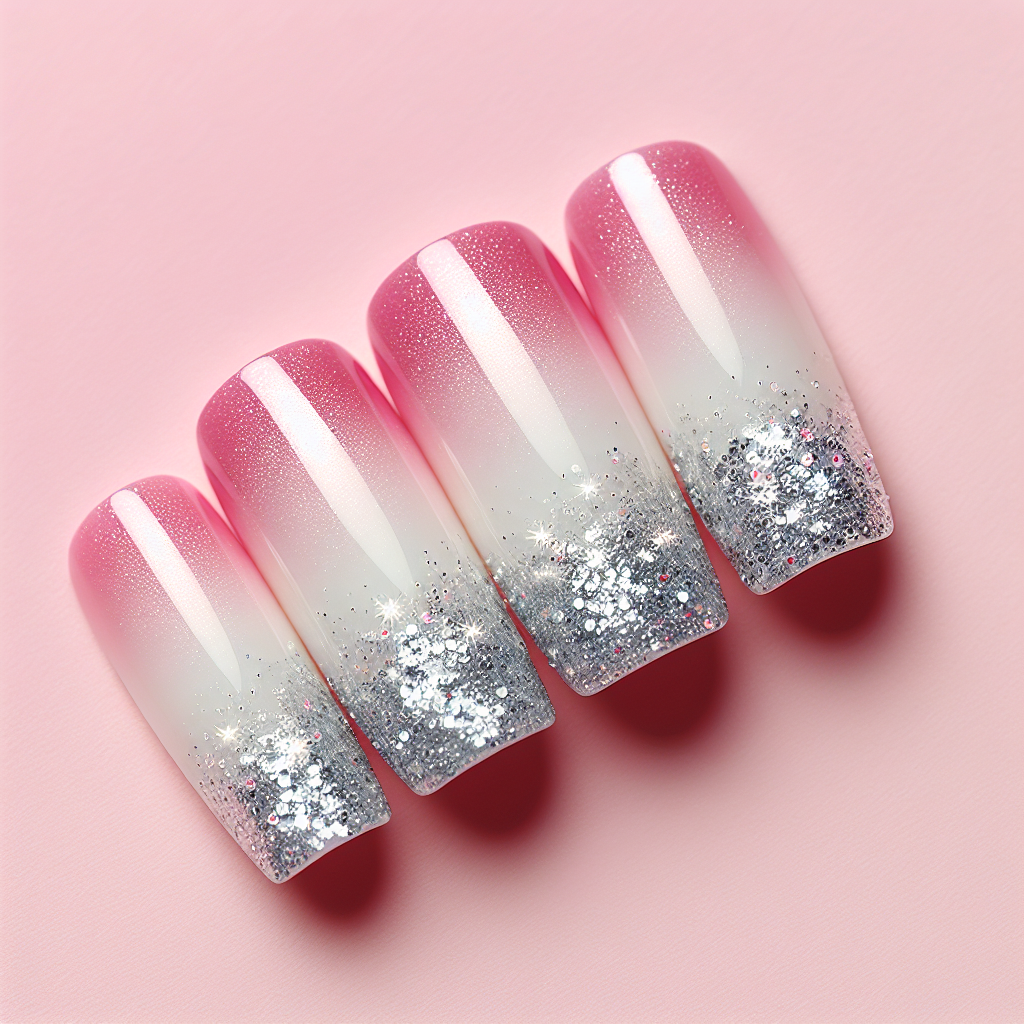 Ombre pink to white nails with glitter tips