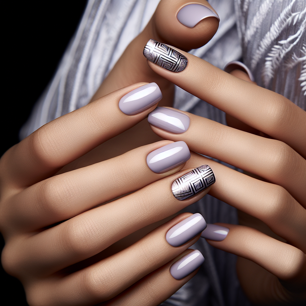 Pale lilac nails with silver accents