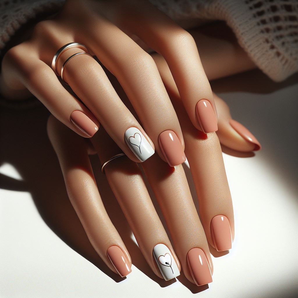 Pale peach nails with white heart accents