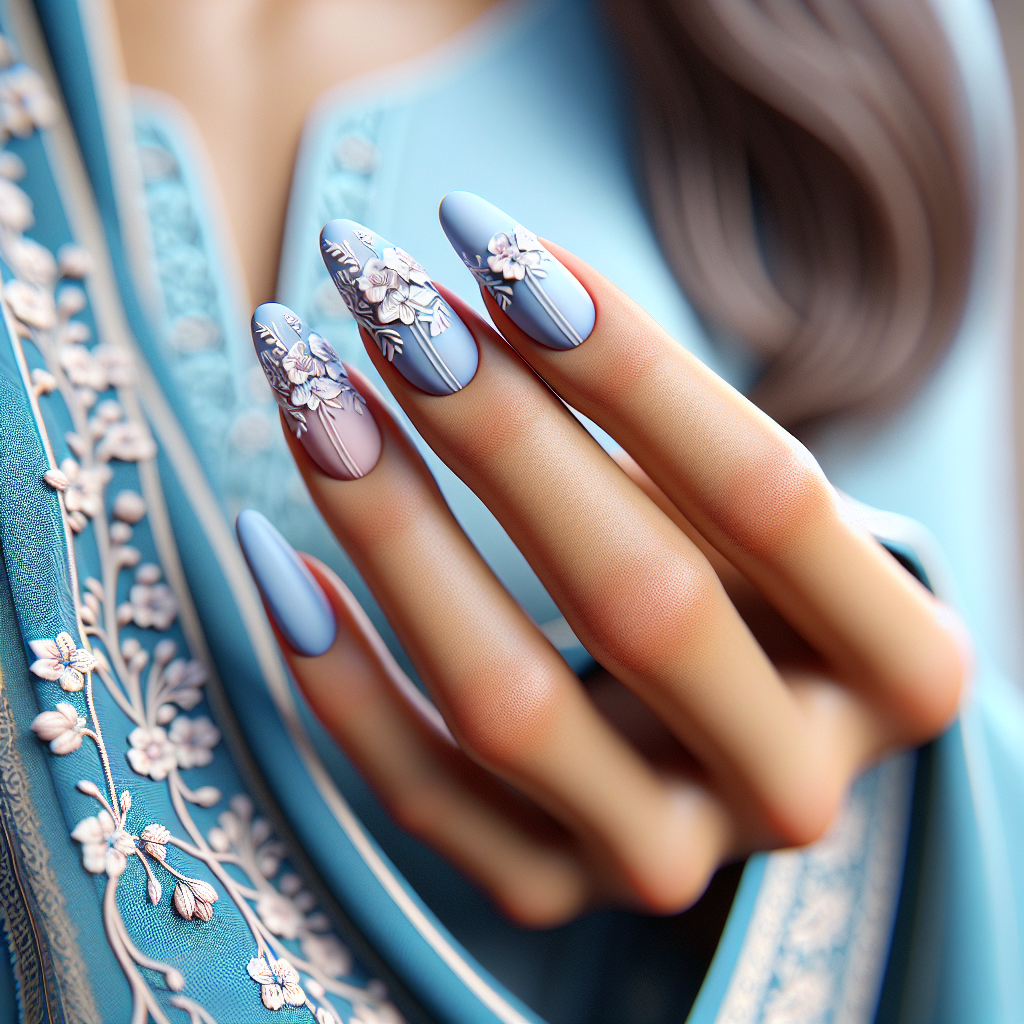 Pastel blue with white floral patterns.