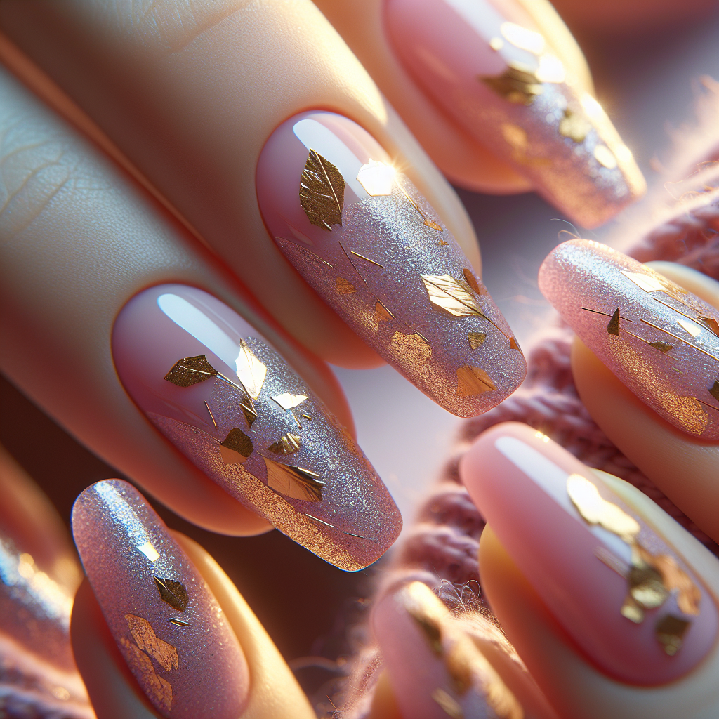 Pastel pink nails with gold foil flakes