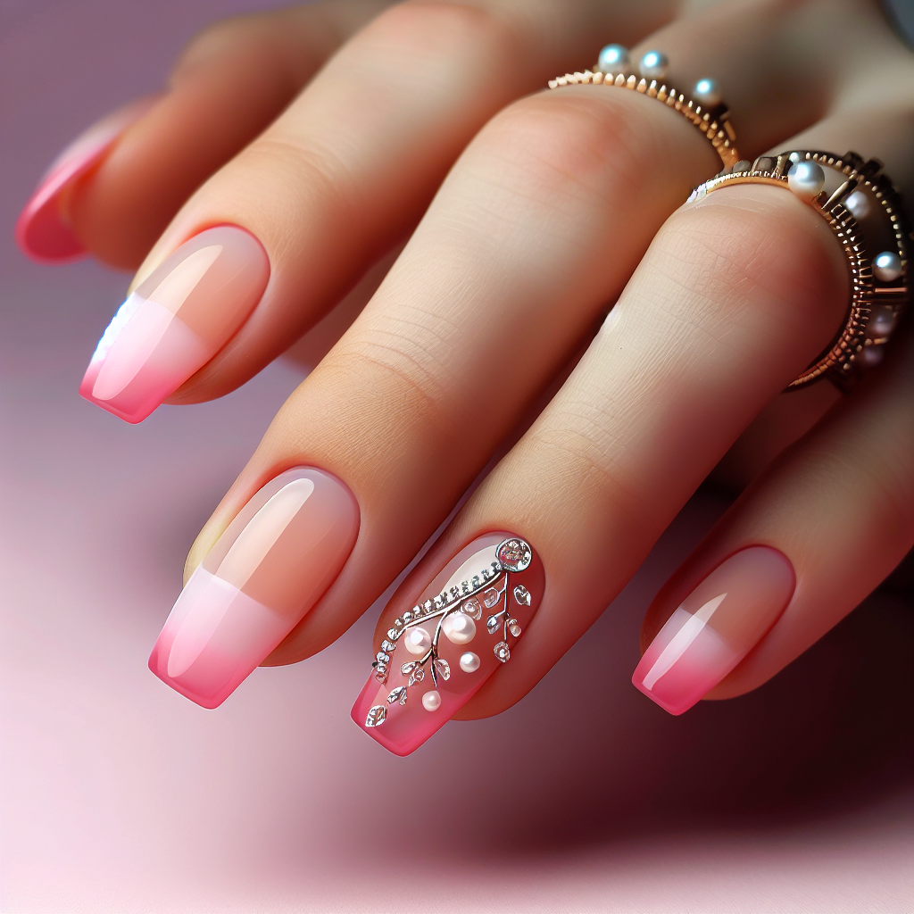 Pink ombre French tips with pearl accents