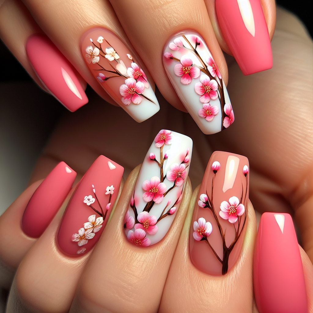 Pink peony nails with cherry blossom designs