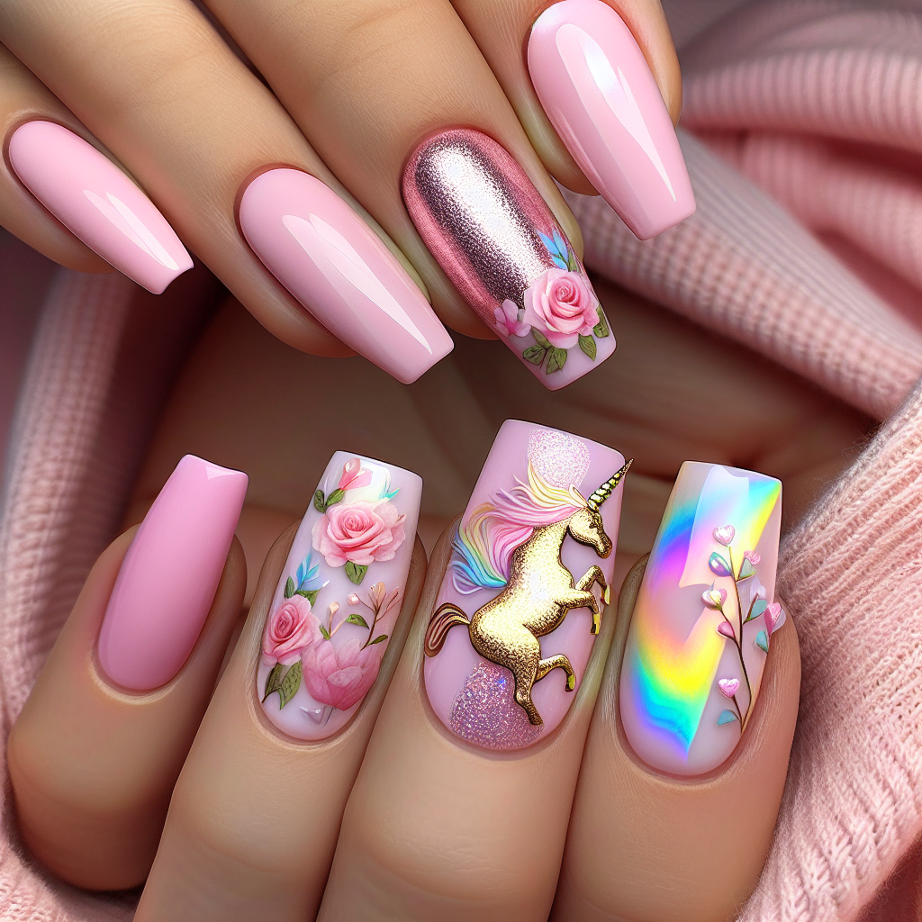 Petal pink nails with unicorn accents