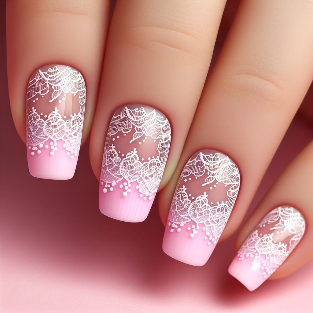 Pastel pink nails with delicate white lace.