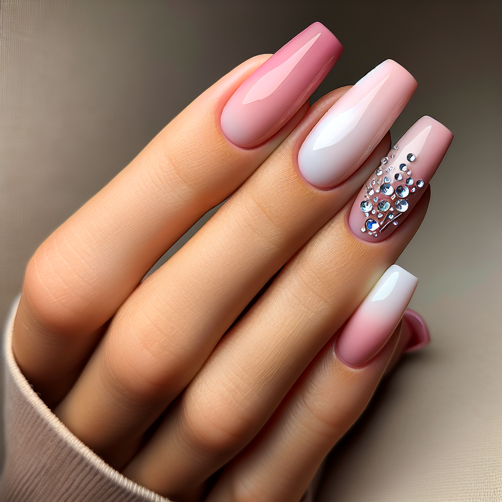 Pink Ombre Nails with Rhinestone Cuticles