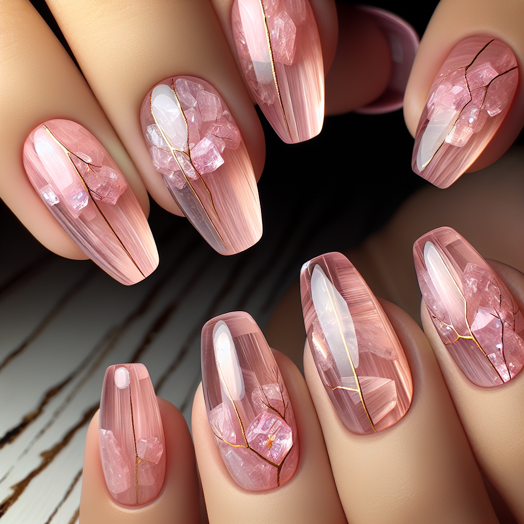 Pink Quartz Nails with Gold Veins