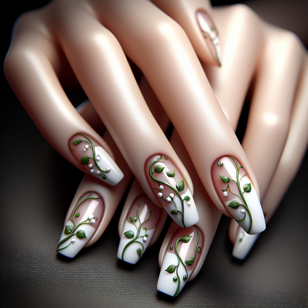 White nails with green vine design