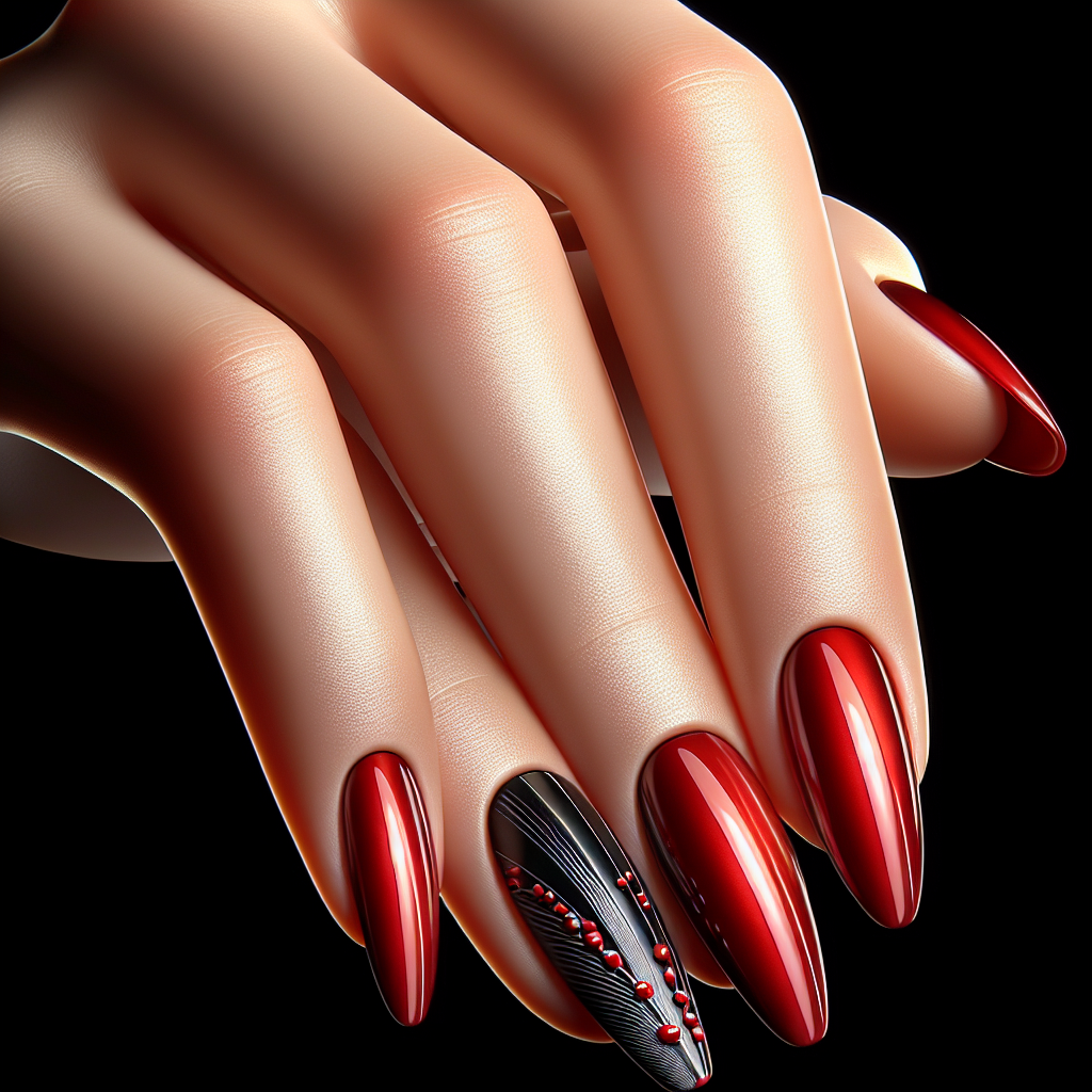 Red almond nails with black, silver stripes