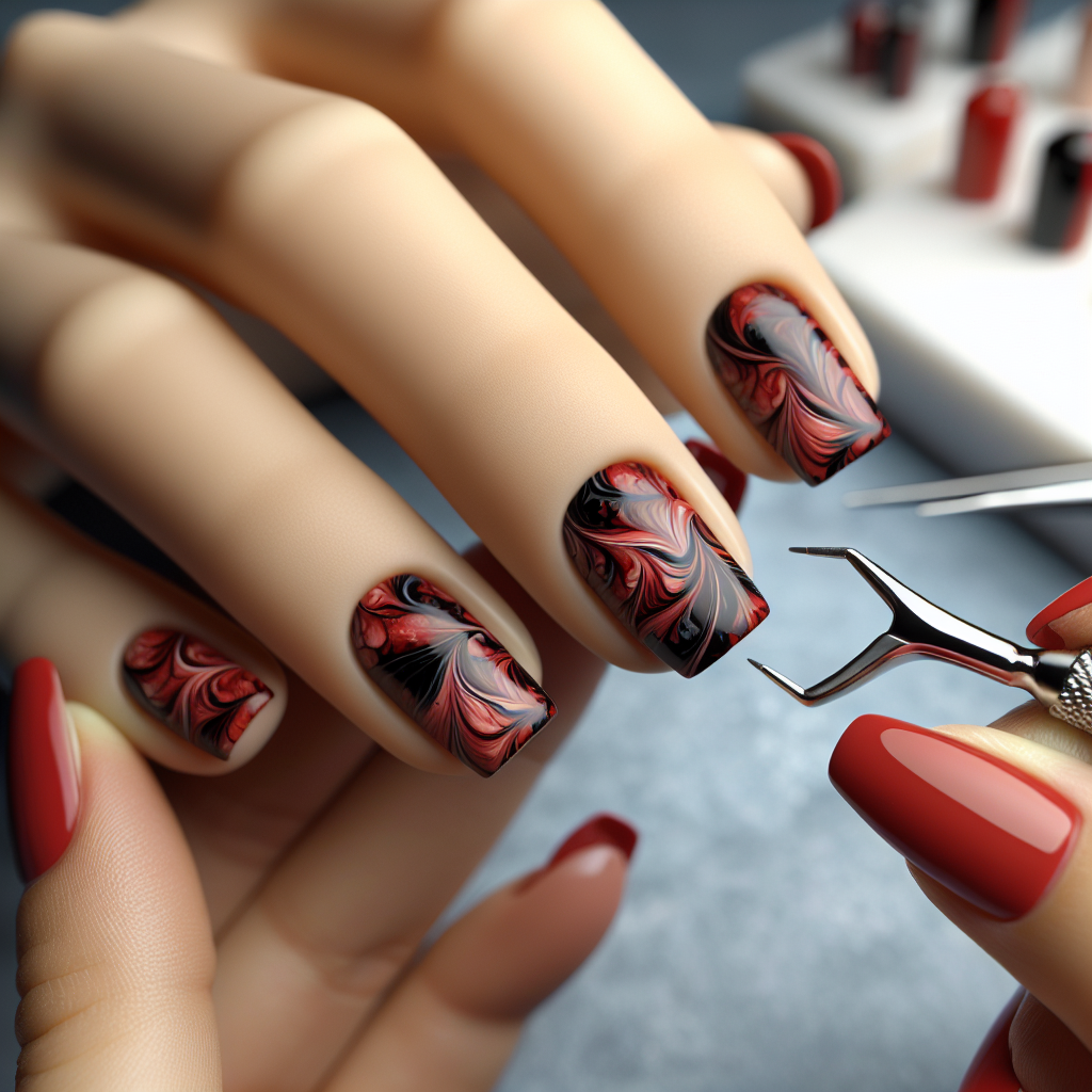 Red and black marbled square nails