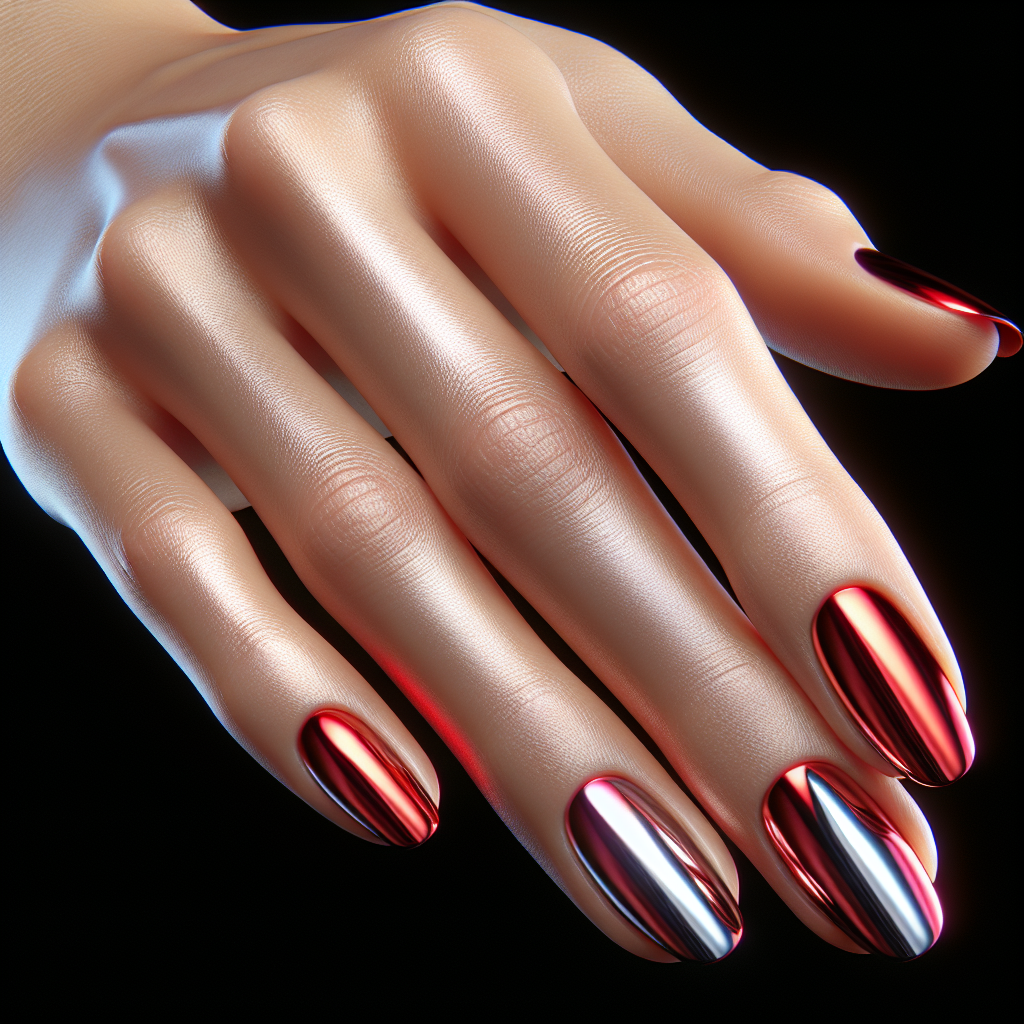 Red chrome nails with metallic finish